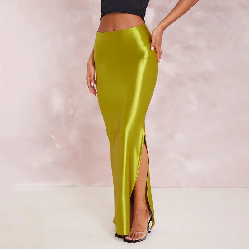 Women Summer Solid Color Personalized Bright Slit Slim Fitting Sheath Long Skirt linen skirt natural Women Summer Solid Color Personalized Bright Slit Slim Fitting Sheath Long Skirt linen skirt natural