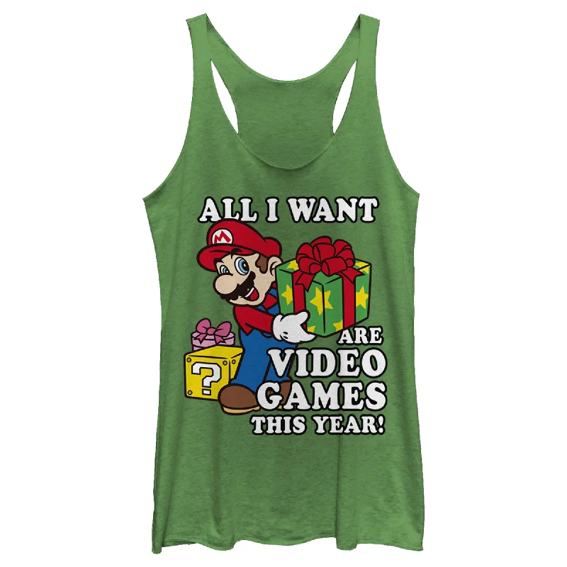 Women's Nintendo Christmas Mario All I Want Are Video Games Racerback Tank Top cold shoulder tank Women's Nintendo Christmas Mario All I Want Are Video Games Racerback Tank Top cold shoulder tank
