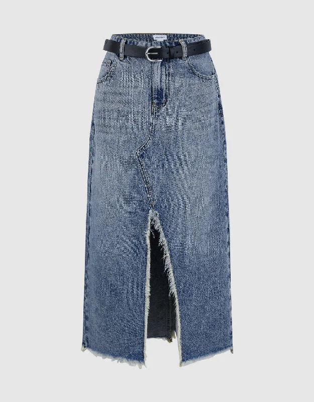 Split Raw Hem Straight Denim Skirt tiered skirt playful