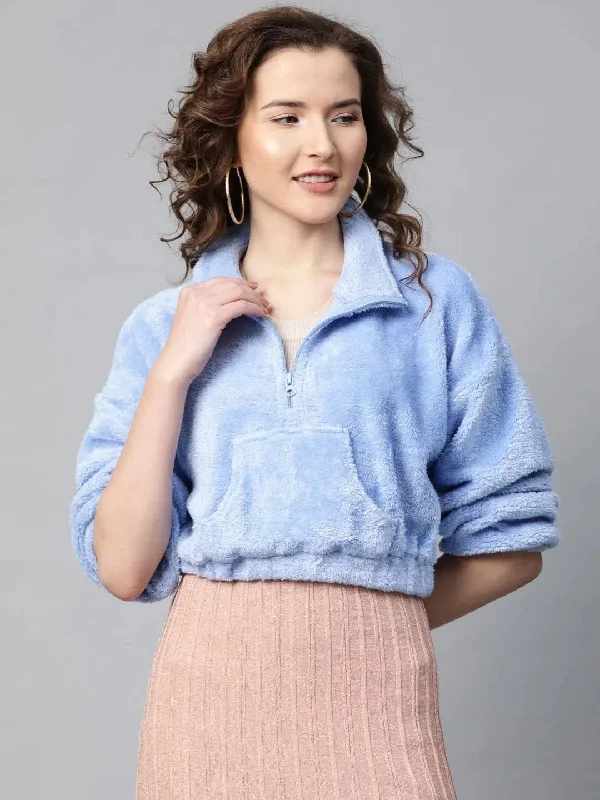 Blue Kangaroo Pocket Faux Fur Crop Sweatshirt Hoodie with Contrast Stitching Detailed Premium Blue Kangaroo Pocket Faux Fur Crop Sweatshirt Hoodie with Contrast Stitching Detailed Premium