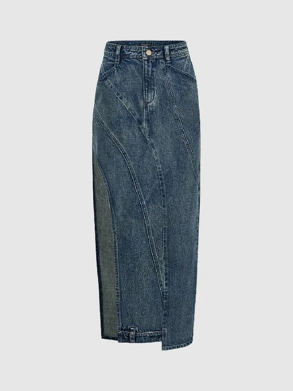 Asymmetric Maxi Denim Skirt pleated skirt texture