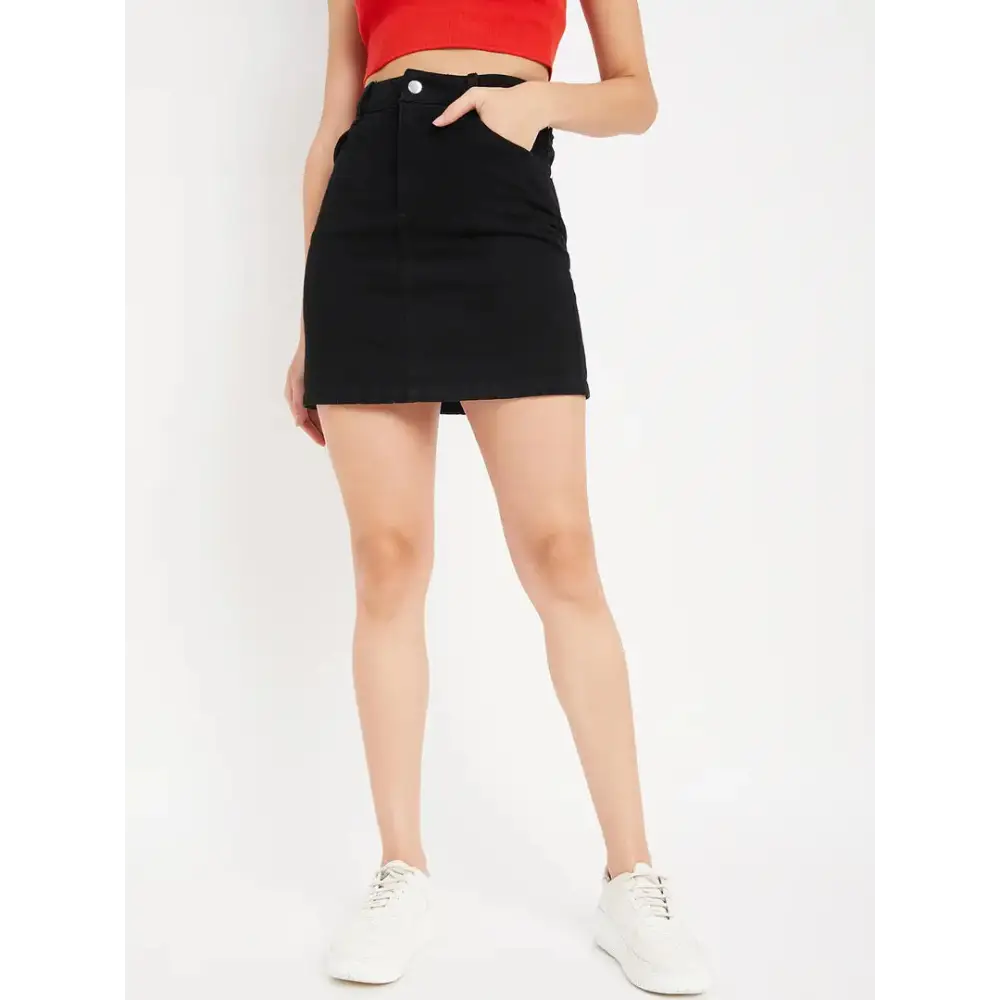 Drape and Dazzle Black Mini Skirt with Back Slit | Denim Skirt with 4 Pocket for Women velvet skirt glossy Drape and Dazzle Black Mini Skirt with Back Slit | Denim Skirt with 4 Pocket for Women velvet skirt glossy