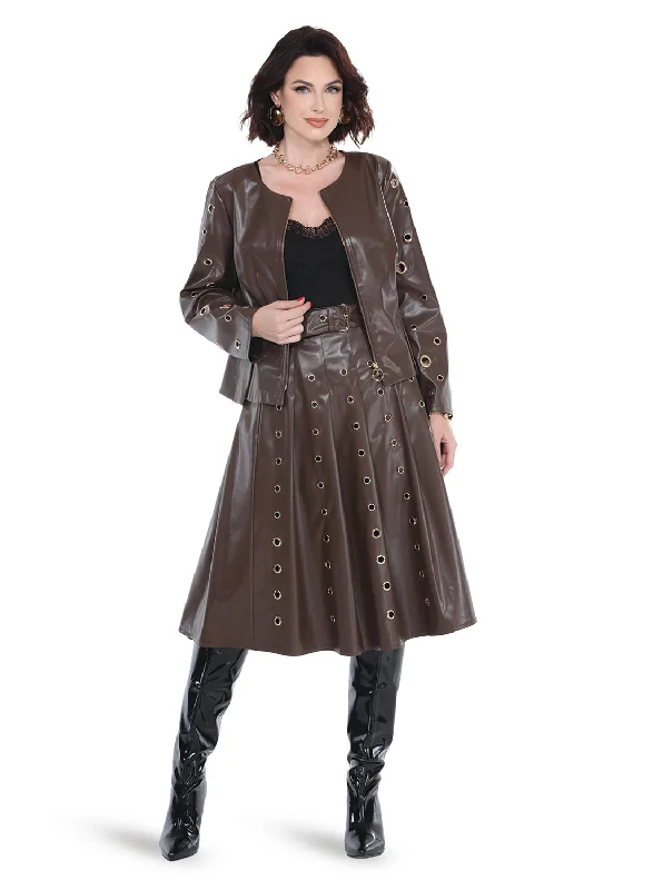 Love The Queen 17582 - Brown - Long Sleeve Faux Leather Zip Up Skirt Set with Grommets cashmere skirt soft Love The Queen 17582 - Brown - Long Sleeve Faux Leather Zip Up Skirt Set with Grommets cashmere skirt soft