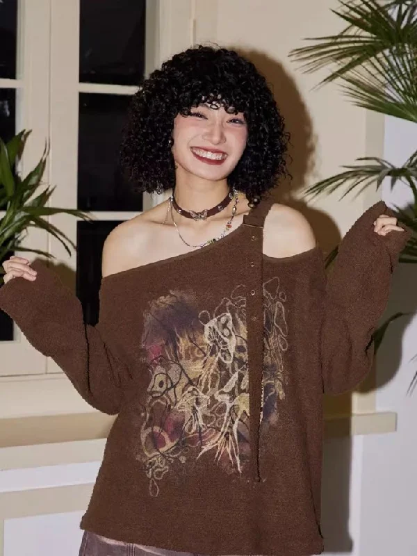 Retro Strapless Long Sleeve Printed Loose Sweatshirt【s0000007109】 Hoodie with Hem Embroidery Detailed Premium Retro Strapless Long Sleeve Printed Loose Sweatshirt【s0000007109】 Hoodie with Hem Embroidery Detailed Premium
