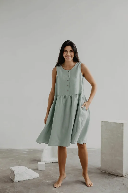 Linen sleeveless summer dress HAZEL XXL Sage Green A-Line Day Work