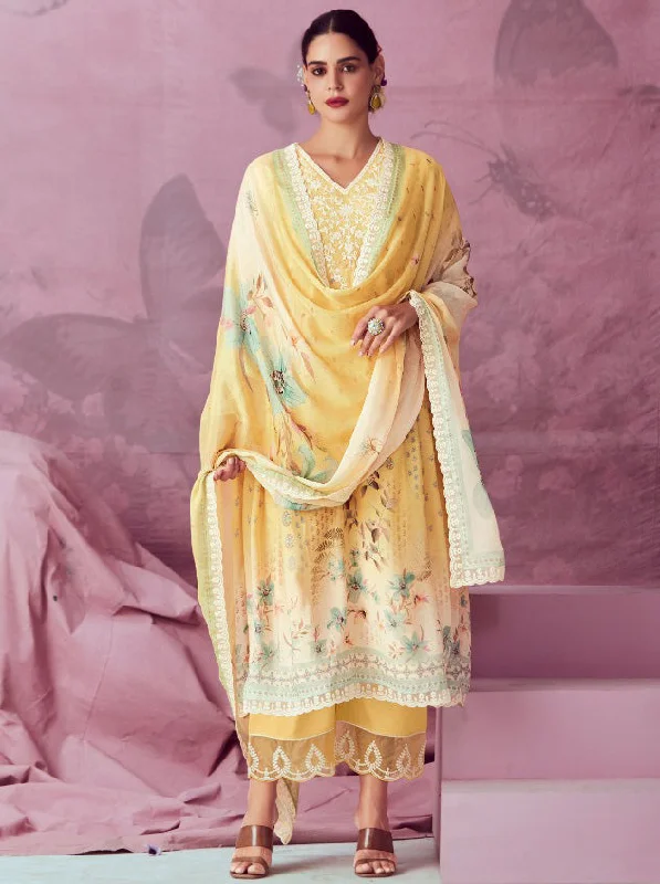 Kimora Pure Muslin Yellow Unstitched Suit Dress Material with Embroidery Tunics Designer luxury Kimora Pure Muslin Yellow Unstitched Suit Dress Material with Embroidery Tunics Designer luxury