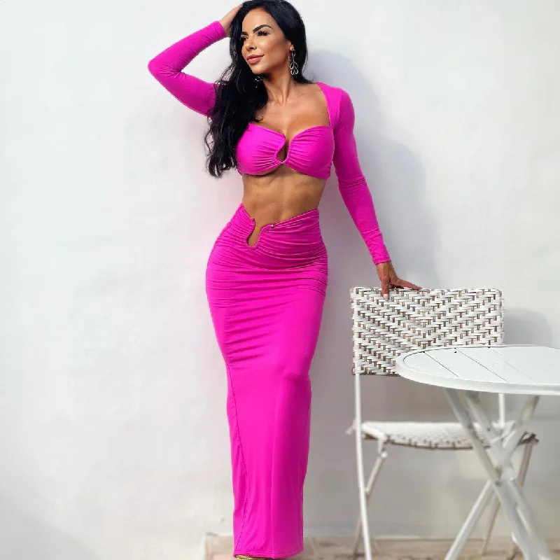Women Clothing Summer Popular Sexy Bandeau Long Sleeve Back Slit Skirt Set wool skirt thick Women Clothing Summer Popular Sexy Bandeau Long Sleeve Back Slit Skirt Set wool skirt thick