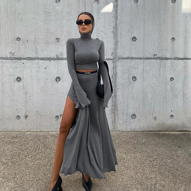 Women Clothing Short Hood Top High Waist Side Slit Unique Skirt Spring Autumn Two Piece Set Women chiffon skirt delicate Women Clothing Short Hood Top High Waist Side Slit Unique Skirt Spring Autumn Two Piece Set Women chiffon skirt delicate