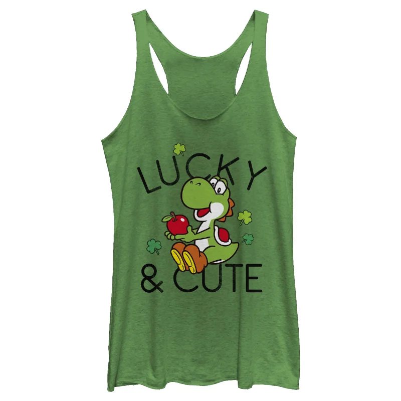 Women's Nintendo Super Mario Yoshi St. Patrick's Lucky and Cute Racerback Tank Top bronze tank top