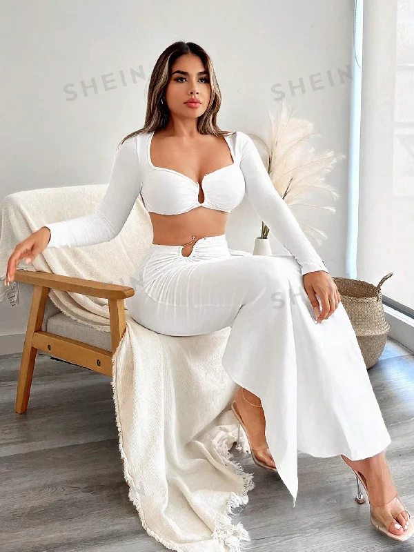 SXY Ladies' Bent Buckle Cropped Top And Bent Buckle Midi Skirt Two Piece Set leather skirt bold SXY Ladies' Bent Buckle Cropped Top And Bent Buckle Midi Skirt Two Piece Set leather skirt bold