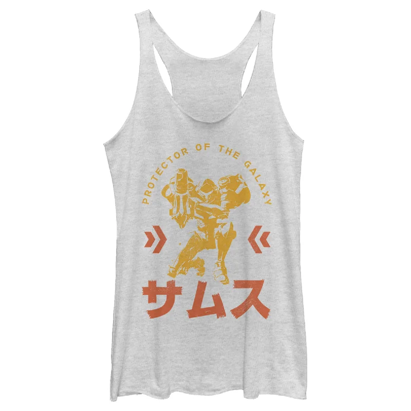 Women's Nintendo Metroid Samus Protector of the Universe Kanji Racerback Tank Top cherry red tank Women's Nintendo Metroid Samus Protector of the Universe Kanji Racerback Tank Top cherry red tank