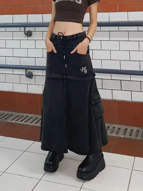 Light Denim Grey Retro Detachable Heavy Industry Draped Cargo Long Skirt wool skirt sturdy Light Denim Grey Retro Detachable Heavy Industry Draped Cargo Long Skirt wool skirt sturdy