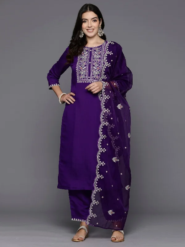 Women Purple Embroidered Straight Kurta Trousers With Dupatta Set - Taantav Trousers Evening Elegant Women Purple Embroidered Straight Kurta Trousers With Dupatta Set - Taantav Trousers Evening Elegant