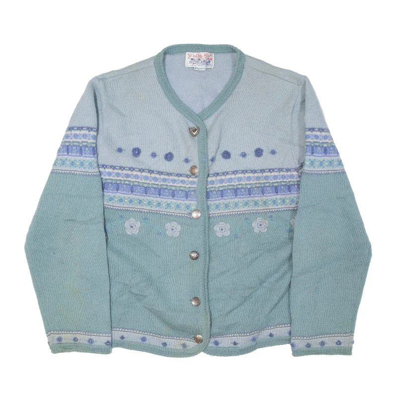 TALLY-HO Patterned Cardigan Blue 90s Floral Tight Knit Wool V-Neck Womens L Plaid Cardigan Polka Dot Checkered