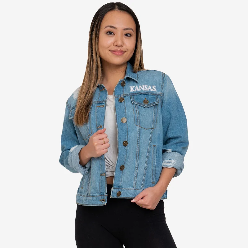Kansas Jayhawks Womens Denim Days Jacket Chenille Fabric Brocade Fabric Lace Fabric Kansas Jayhawks Womens Denim Days Jacket Chenille Fabric Brocade Fabric Lace Fabric