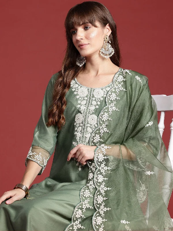 Women Green Embroidered Straight Kurta Trousers With Dupatta Set - Taantav Trousers Leisure Comfortable Women Green Embroidered Straight Kurta Trousers With Dupatta Set - Taantav Trousers Leisure Comfortable