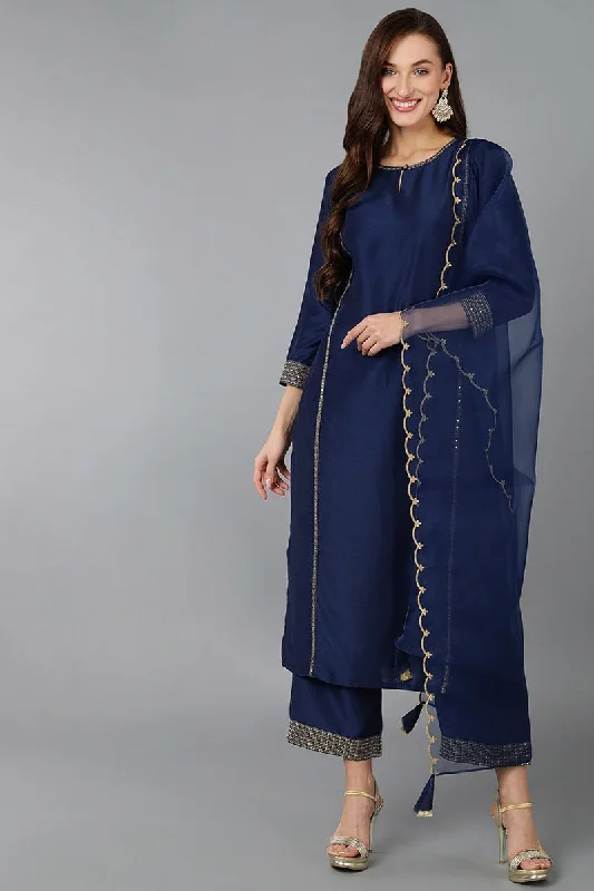 Ahika Navy Blue Silk Blend Solid Straight Kurta Trousers With Dupatta Trousers Fleece Cozy Ahika Navy Blue Silk Blend Solid Straight Kurta Trousers With Dupatta Trousers Fleece Cozy