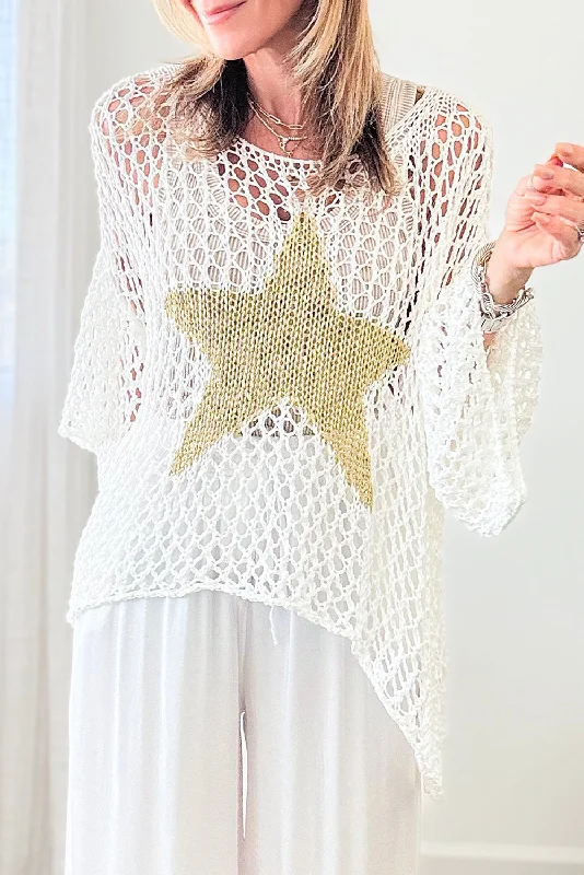 White Star Graphic Crochet Knitted Summer Sweater Top Hooded Caped Shawl Collar
