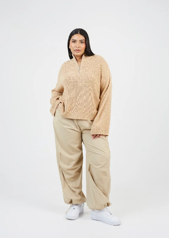 BISCUIT PLUS WIDE SLEEVE JUMPER WITH HALF ZIP NECK Modern Contemporary Chic