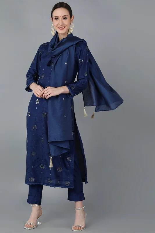 Ahika Navy Blue Silk Blend Solid Kurta Trousers With Dupatta Trousers Plaid Checkered Ahika Navy Blue Silk Blend Solid Kurta Trousers With Dupatta Trousers Plaid Checkered