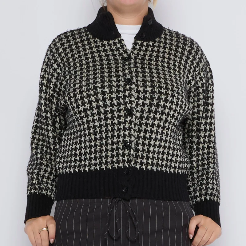 Houndstooth Button-Up Cardigan - UK 12 Solid Print Embellished