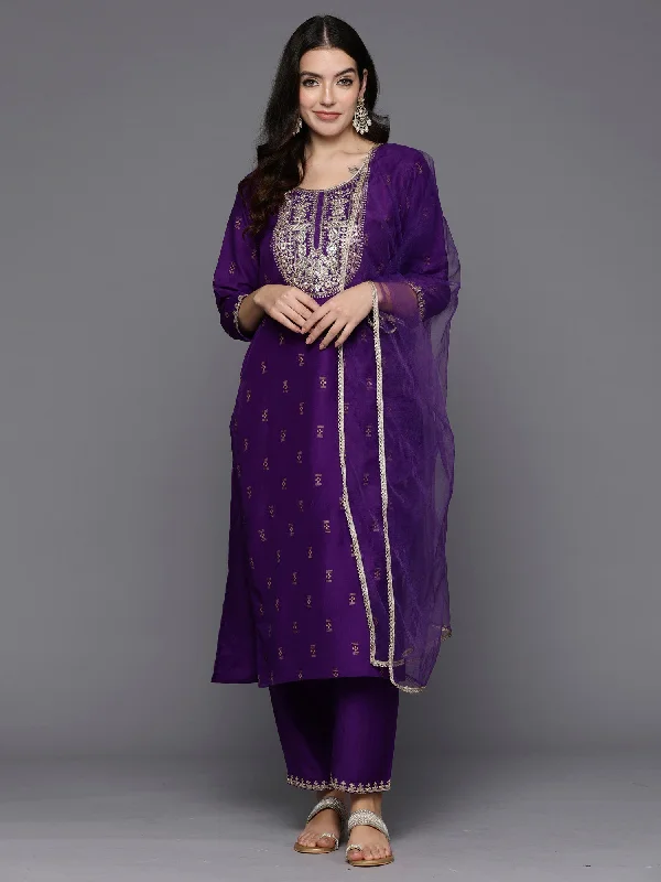 Women Purple Embroidered Straight Kurta Trousers With Dupatta Set - Taantav Trousers Cargo pockets Women Purple Embroidered Straight Kurta Trousers With Dupatta Set - Taantav Trousers Cargo pockets