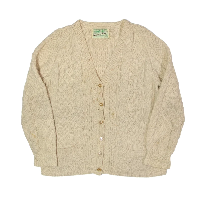 BARNAS-MOR Aran Cardigan Cream 80s Chunky Knit Wool Womens L Seamless Knitted Crochet