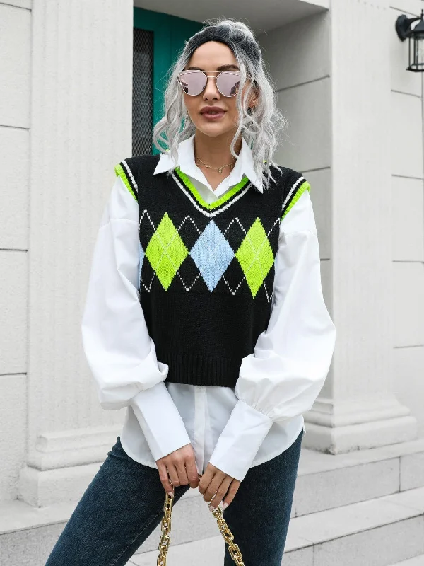 Geometric V-Neck Sweater Vest Seamless Knitted Crochet