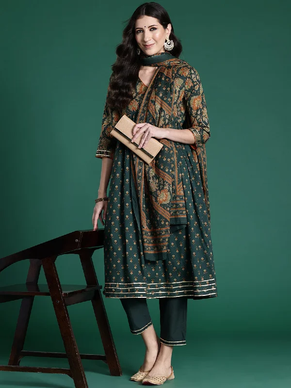 Women Green Printed A-Line Kurta Trousers With Dupatta Set - Taantav Wide Leg Loose Fit Mid Waist Women Green Printed A-Line Kurta Trousers With Dupatta Set - Taantav Wide Leg Loose Fit Mid Waist
