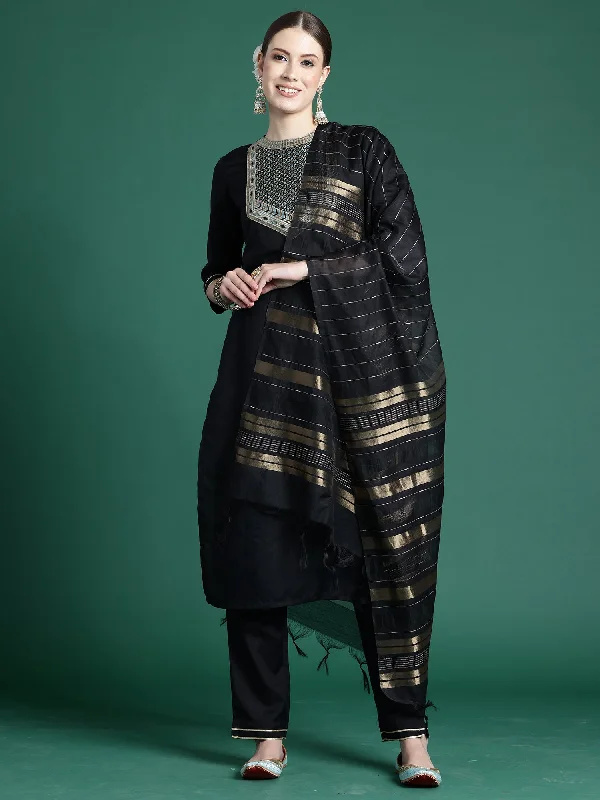 Women Black Self Design Straight Kurta Trousers With Dupatta Set - Taantav Trousers practical durable Women Black Self Design Straight Kurta Trousers With Dupatta Set - Taantav Trousers practical durable