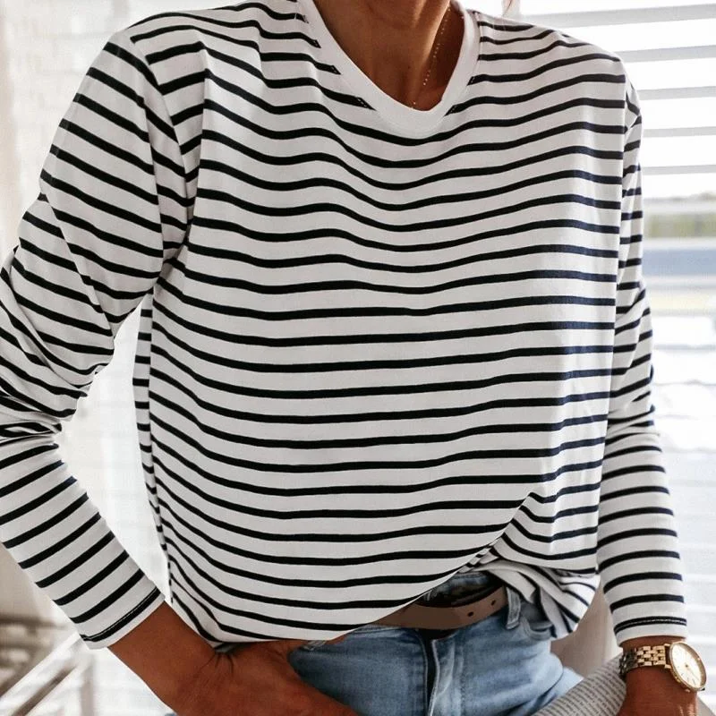 Women Black And White Striped Shirt | Round Crew Neck Shirt | Korean Shirt Long Sleeve Loose Pullover Shirt | Black & White Striped Top Scalloped Neck Pullover