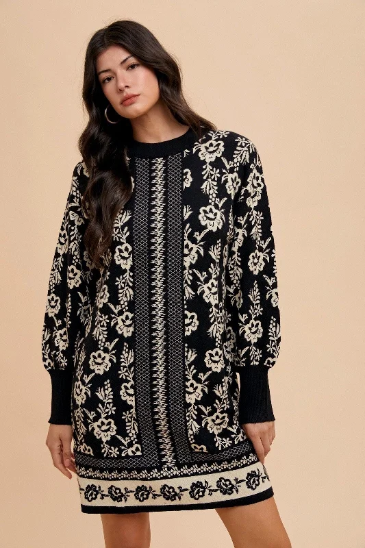 Blue Zone Planet | Annie Wear Floral Jacquard Round Neck Sweater Dress Denim Fabric Leather Fabric Suede Fabric Blue Zone Planet | Annie Wear Floral Jacquard Round Neck Sweater Dress Denim Fabric Leather Fabric Suede Fabric