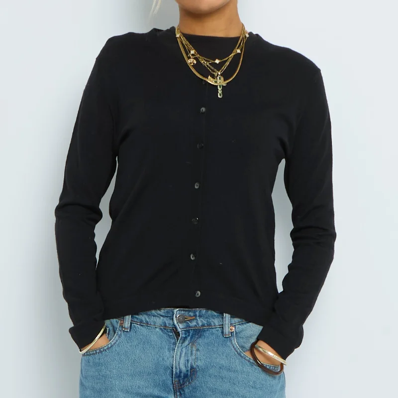 Buttoned Fine Knit Cardigan - UK 10 Spandex Blend Rayon Blend Denim Blend