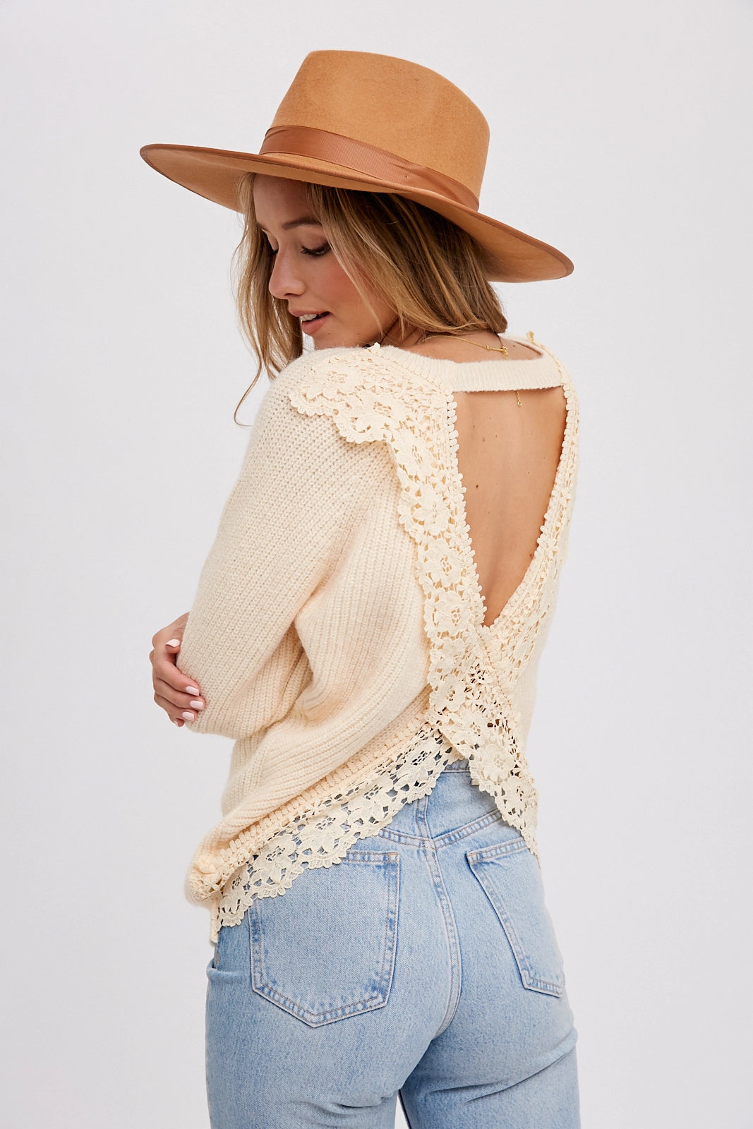 Crochet Lace Open Back Pullover Sarouel Sleeve Pullover