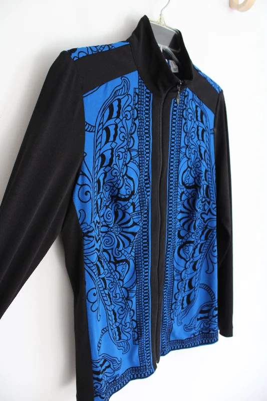 Susan Graver Black & Blue Patterned Textured Lightweight Jacket | XS Toggled Jacket Drawstring Jacket Belted Jacket Susan Graver Black & Blue Patterned Textured Lightweight Jacket | XS Toggled Jacket Drawstring Jacket Belted Jacket