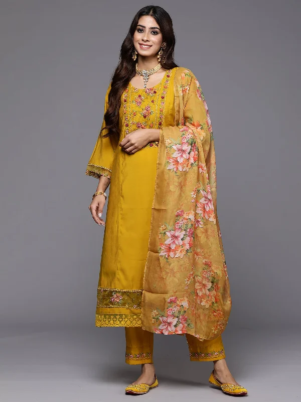 Women Yellow Embroidered A-Line Kurta Trousers With Dupatta Set - Taantav Trousers Cargo Utility Women Yellow Embroidered A-Line Kurta Trousers With Dupatta Set - Taantav Trousers Cargo Utility