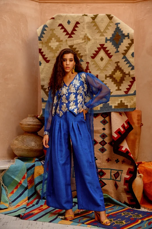Azure Blue sheer jacket with waist coat and papa pants Tiered Jacket Buttoned Jacket Zippered Jacket Azure Blue sheer jacket with waist coat and papa pants Tiered Jacket Buttoned Jacket Zippered Jacket