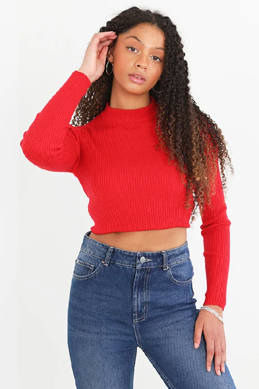 SCARLET RED PLAIN RIBBED TURTLENECK CROPPED JUMPER Elegant Classic Vintage