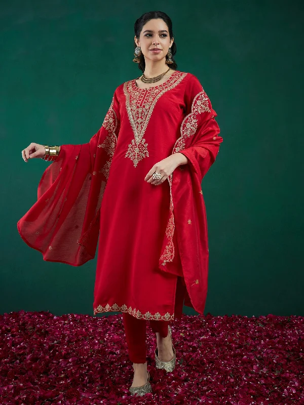 Women Red Embroidered Straight Kurta Trousers With Dupatta Set - Taantav Trousers Bestseller Popular Women Red Embroidered Straight Kurta Trousers With Dupatta Set - Taantav Trousers Bestseller Popular