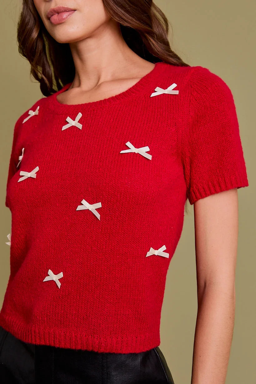 ROUND NECK SHORT SLEEVE RIBBON TRIM SWEATER TOP Satin Fabric Silk Fabric Chiffon Fabric ROUND NECK SHORT SLEEVE RIBBON TRIM SWEATER TOP Satin Fabric Silk Fabric Chiffon Fabric