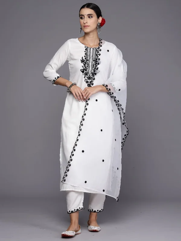 Women White Embroidered Straight Kurta Trousers With Dupatta Set - Taantav Trousers Gym Athletic Women White Embroidered Straight Kurta Trousers With Dupatta Set - Taantav Trousers Gym Athletic