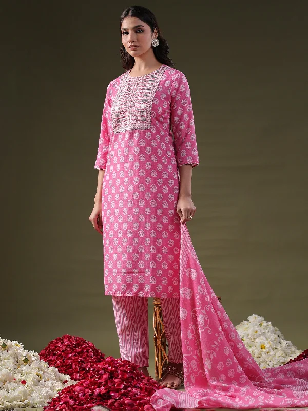 Women Pink Printed Straight Kurta Trousers With Dupatta Set - Taantav Trousers sophisticated sleek Women Pink Printed Straight Kurta Trousers With Dupatta Set - Taantav Trousers sophisticated sleek