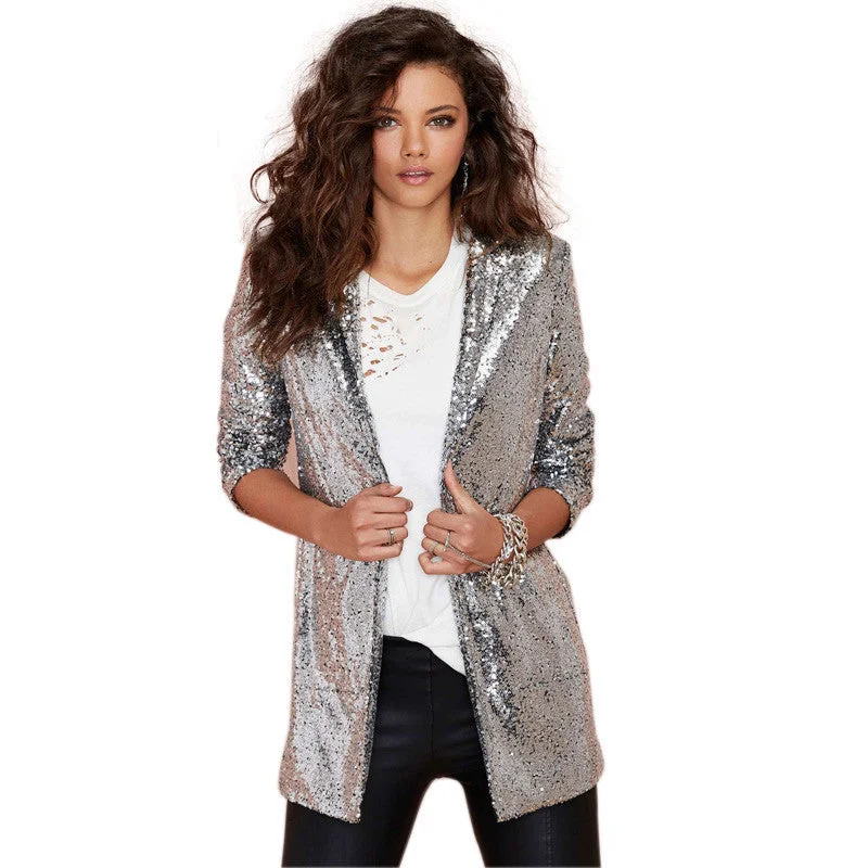 Autumn Fashion Women Silver Sequined Coats Turn-down Collar Long Sleeve Outwears Cardigan Jackets Anorak Shell Jacket Lightweight Jacket Autumn Fashion Women Silver Sequined Coats Turn-down Collar Long Sleeve Outwears Cardigan Jackets Anorak Shell Jacket Lightweight Jacket
