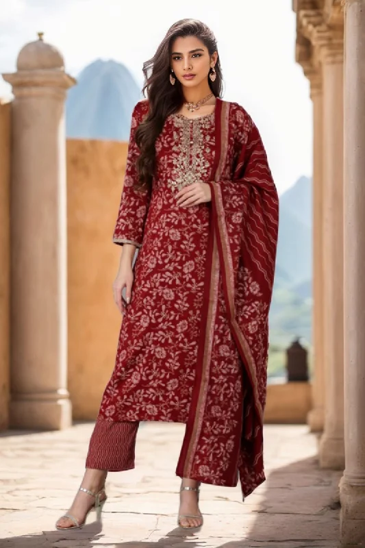 Ahika Maroon Silk Blend Floral Straight Kurta Trousers With Dupatta Trousers Harem Relaxed Fit Ahika Maroon Silk Blend Floral Straight Kurta Trousers With Dupatta Trousers Harem Relaxed Fit