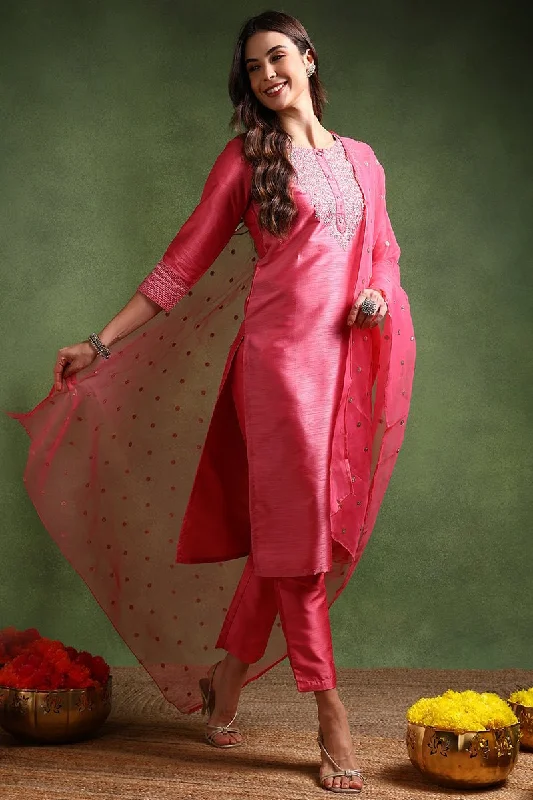 Ahika Pink Poly Silk Solid Yoke Design Kurta Trousers With Dupatta Trousers Silk Elegant Ahika Pink Poly Silk Solid Yoke Design Kurta Trousers With Dupatta Trousers Silk Elegant