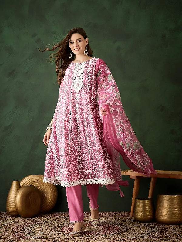 Pink Crystal Organza schiffli embroidery Kurta With Trouser & Dupatta - Bhumi Trousers Evening Elegant Pink Crystal Organza schiffli embroidery Kurta With Trouser & Dupatta - Bhumi Trousers Evening Elegant