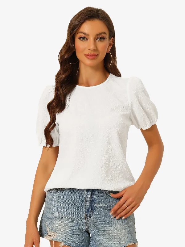 Puff Sleeve Round Neck Floral Textured Pullover Blouse Faux Fur Trim