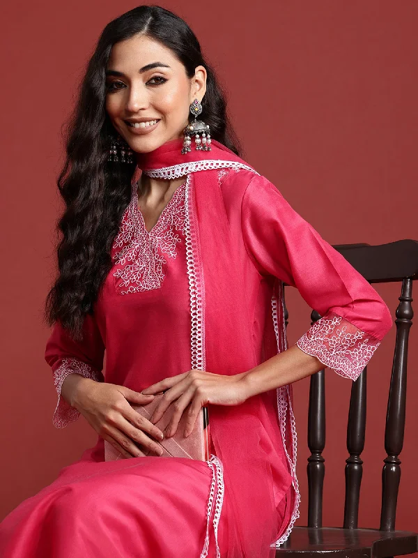 Women Pink Embroidered Straight Kurta Trousers With Dupatta Set - Taantav Trousers Brand Named Women Pink Embroidered Straight Kurta Trousers With Dupatta Set - Taantav Trousers Brand Named
