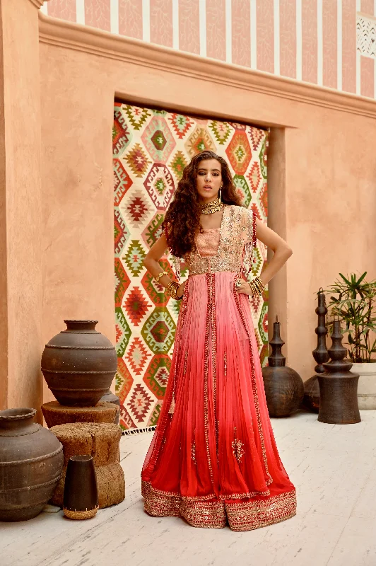 Aleah coral ombre set with longline jacket with crop inner and ruched lehenga. Satin Fabric Silk Fabric Chiffon Fabric Aleah coral ombre set with longline jacket with crop inner and ruched lehenga. Satin Fabric Silk Fabric Chiffon Fabric