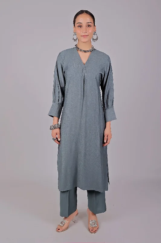 Bluesaanchi Women's Grey Kurti With Trouser Pajama Set High Waist Slim Fit Ankle Length Bluesaanchi Women's Grey Kurti With Trouser Pajama Set High Waist Slim Fit Ankle Length